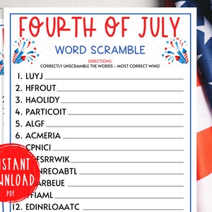 Fourth of July Word Scramble Game | 4th of July Printable Games | USA | Independence Day Games | July 4th Party Games | Patriotic | America