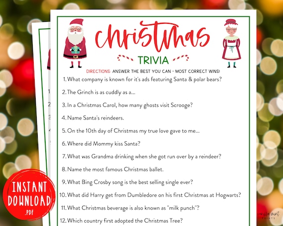 Christmas Multiple Choice Trivia Family Party Game | Christmas Printable  Games | Christmas Adult Kids Party Games