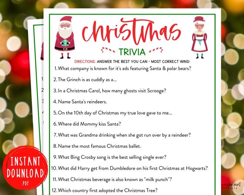 Christmas Trivia Game Christmas Trivia Printable Games Etsy