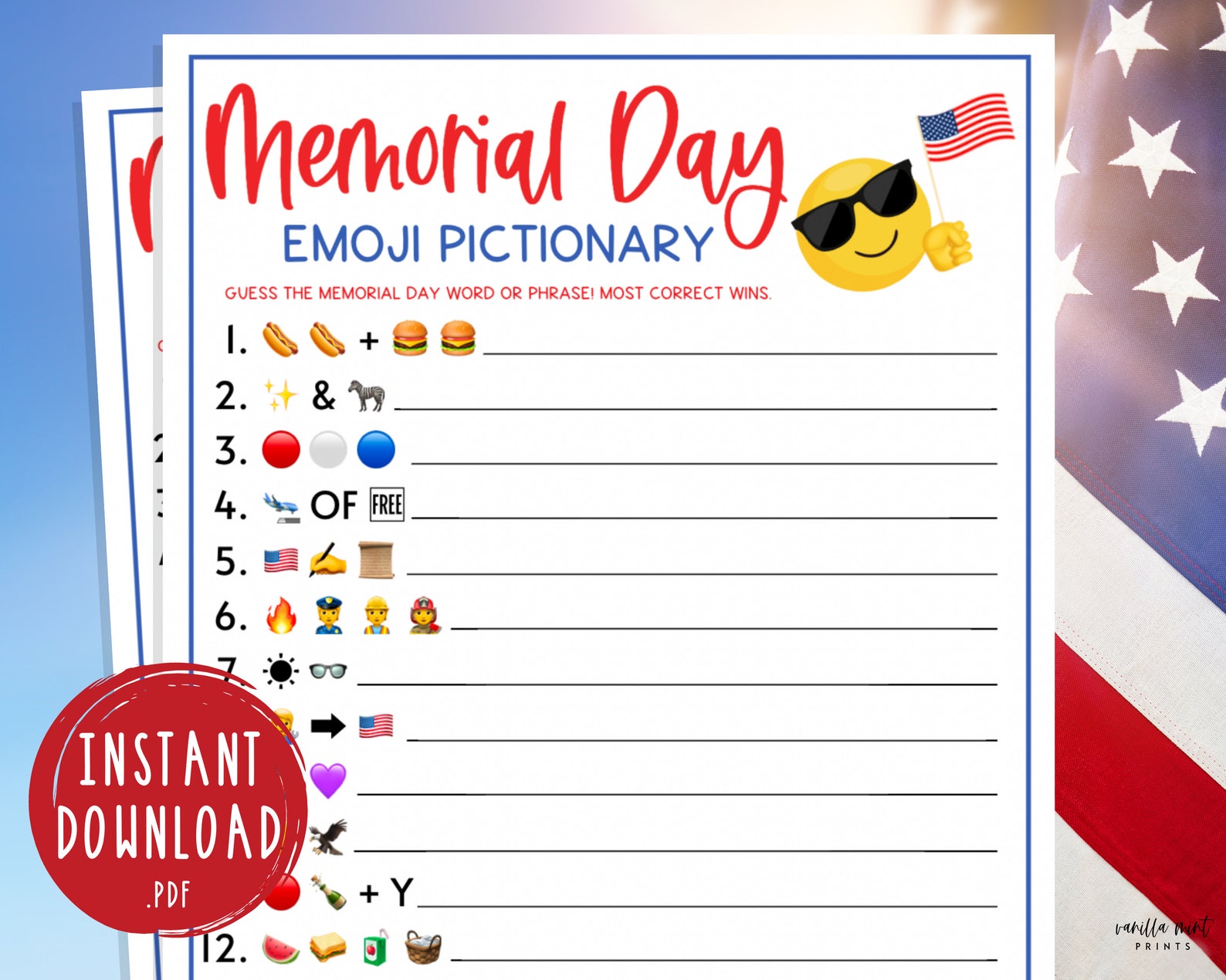 Memorial Day Emoji Pictionary Game Printable Memorial Day Etsy