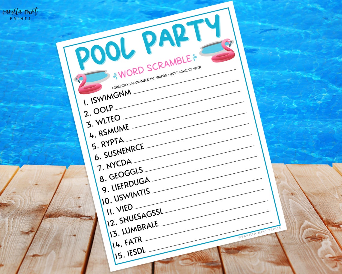 Pool Party Word Scramble Game Fun Printable Summertime Party Etsy