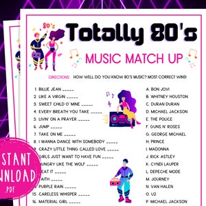 Totaal jaren 80 muziek match-up partyspel | Afdrukbaar spel uit de jaren 80 | 40e verjaardag | Terug naar het gezelschapsspel uit de jaren 80 | Jaren Tachtigfeest | Trivia-spel