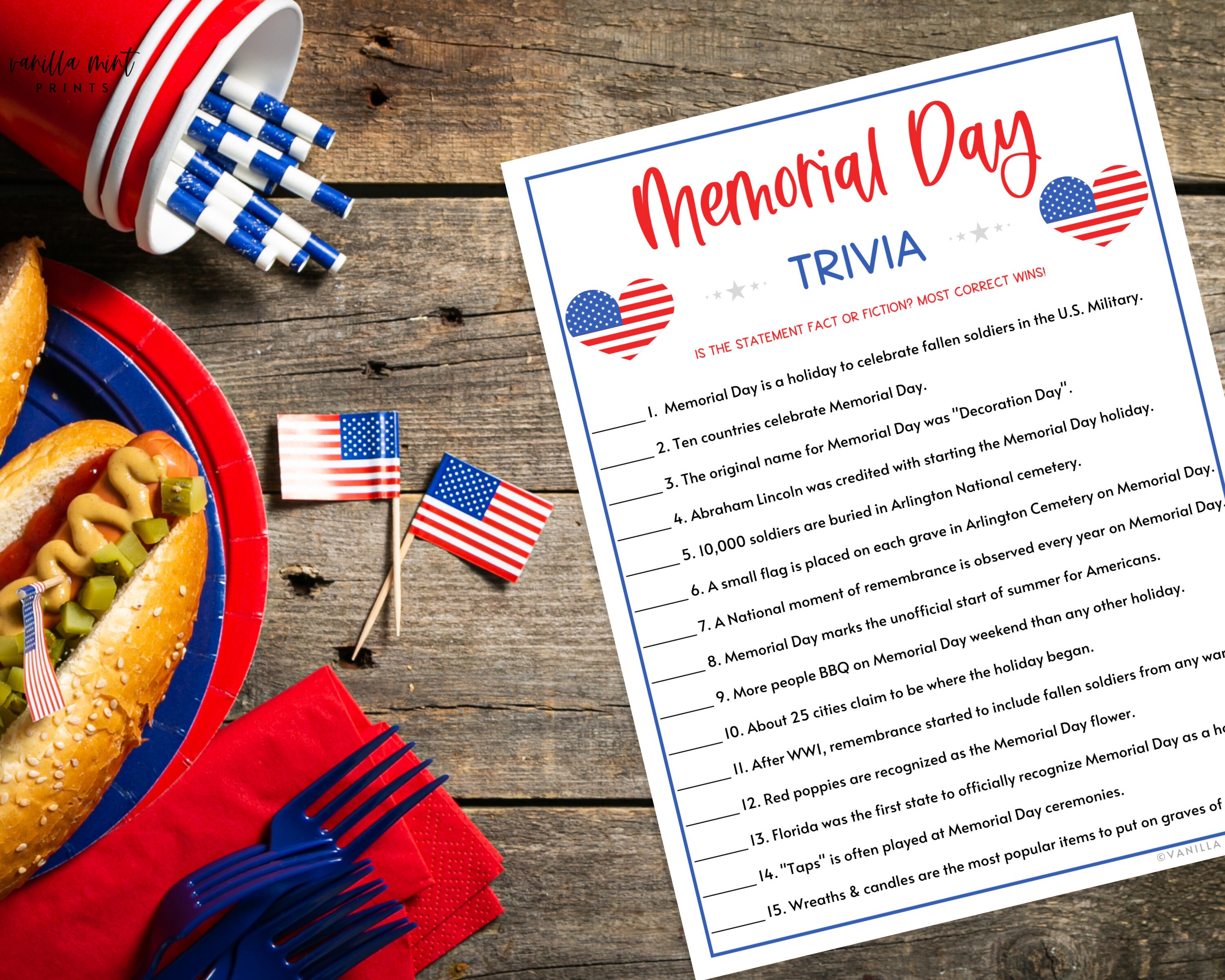 Memorial Day Trivia Game Printable Memorial Day Party Games Etsy
