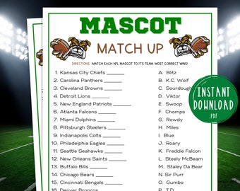 Football Mascot Match Up Trivia Game | Professional Football Party Games | Printable Game | Sunday Football | Football Mascots Match Up Game