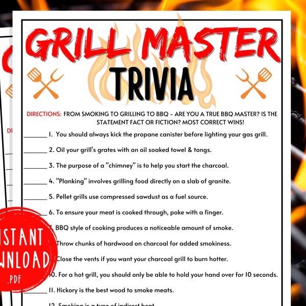 Jeu-questionnaire Grill Master | Jeux d'été imprimables | Jeux de société | Activités estivales pour adultes et enfants | Jeux d'été | Barbecue