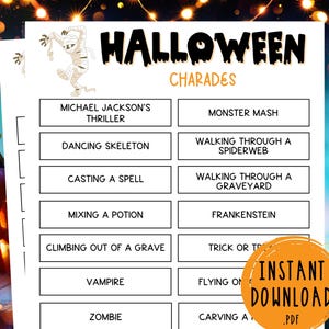 Halloween Charades Game | 33 Halloween Charades | Printable Halloween Party Games | Halloween Activities for Kids & Adults | Costume Party