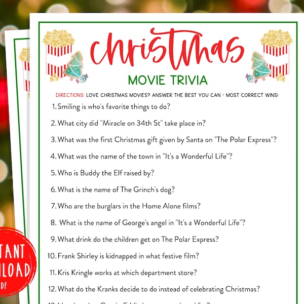 Christmas Movie Trivia Game | Christmas Trivia Printable Games | Christmas Day | Fun Holiday Games | Christmas Party Games | Kids & Adults