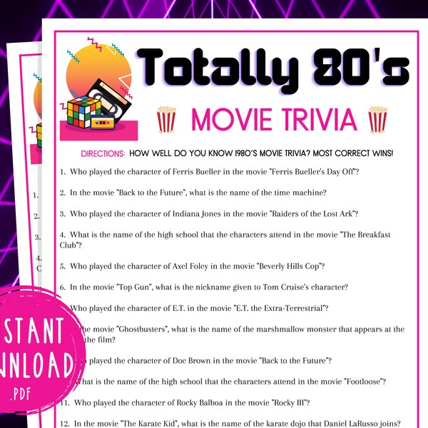 Totally 80's Movie Trivia Party Game | Printable 1980s Game | 40th Birthday | Back to the 80s Party Game | Eighties Party | Trivia Game