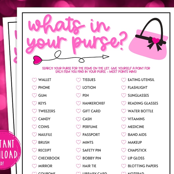 Galentine's Day Whats In Your Purse Game | Party Games | Girls Night Out | Valentines Day | Ladies Night | Girl Night In | Scavenger Hunt