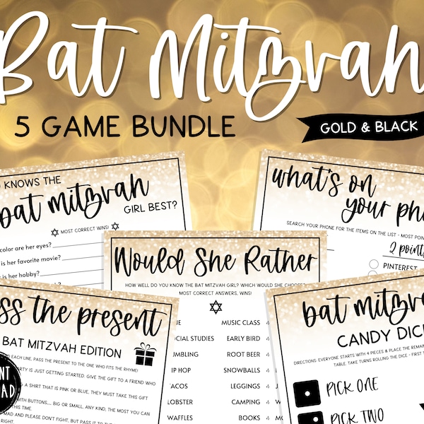 Bat Mitzvah Games | 5 Game BUNDLE | Bat Mitzvah Favors | Birthday Party Games | Mazel Tov | Jewish Bat Mitzvah Activities | Gold & Black