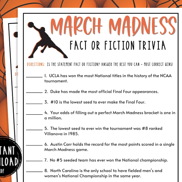 March Madness Fact or Fiction Trivia Game | Printable March Madness Party Games | NCAA Basketball Tournament | Mens College | Boy Birthday