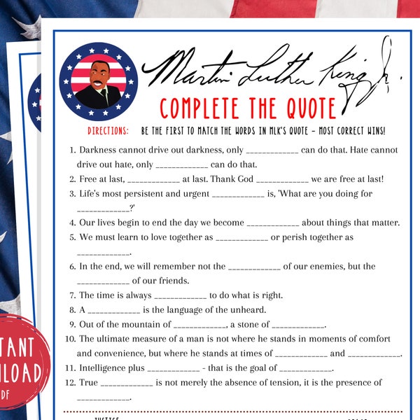 Martin Luther King Jr Complete the Quote Game | MLK Jr Day Printable Games | USA | Patriotic | American History | Classroom Games | Trivia