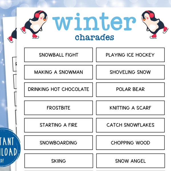 Winter Charades Game | 33 Fun Printable Winter Charades Games | Wintertime Activities for Adults & Kids | Holiday | Cold Weather Activity