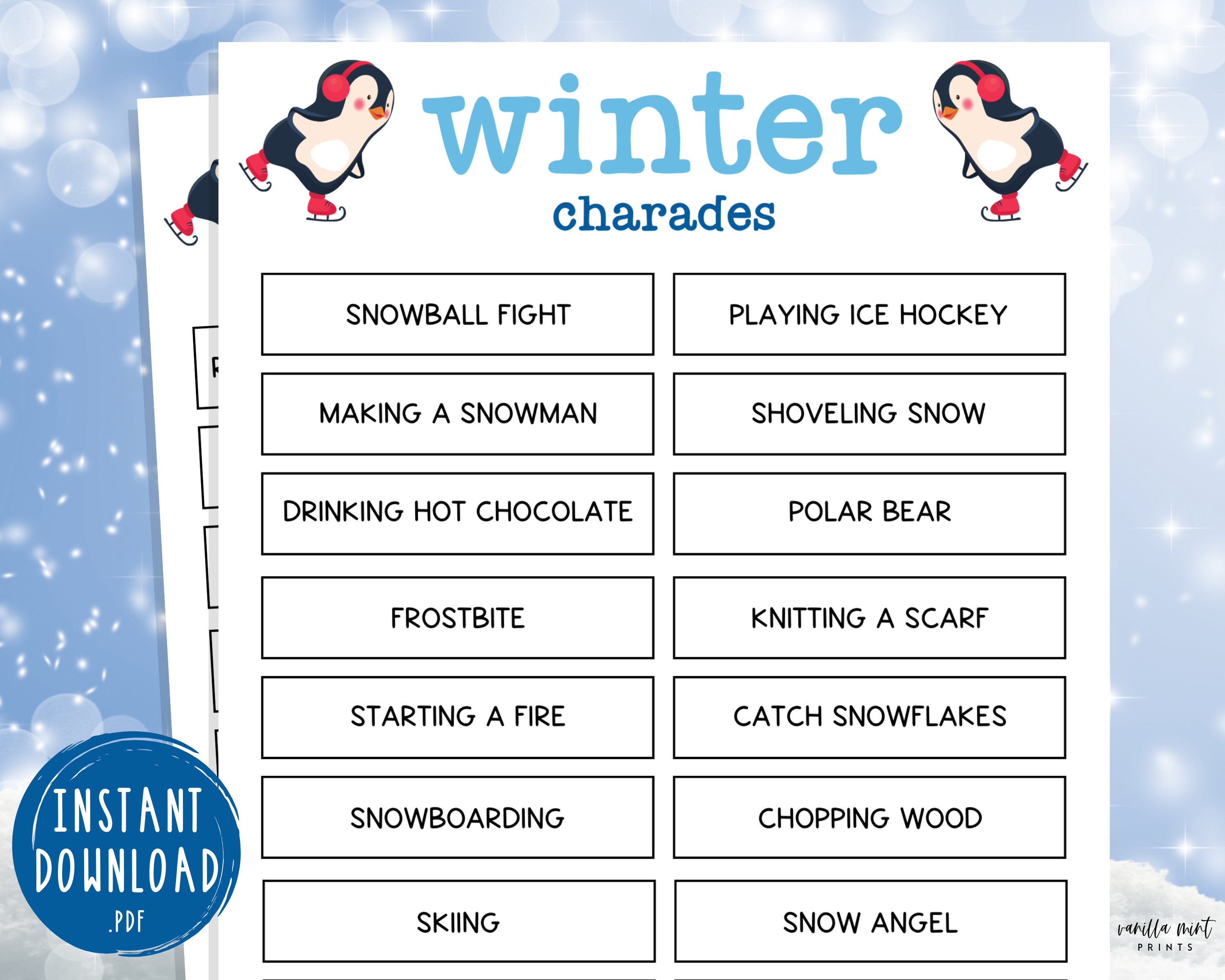 Winter Charades Game 33 Fun Printable Winter Charades Games Etsy Israel