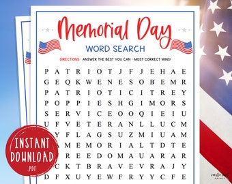 memorial day word search game printable memorial day party etsy