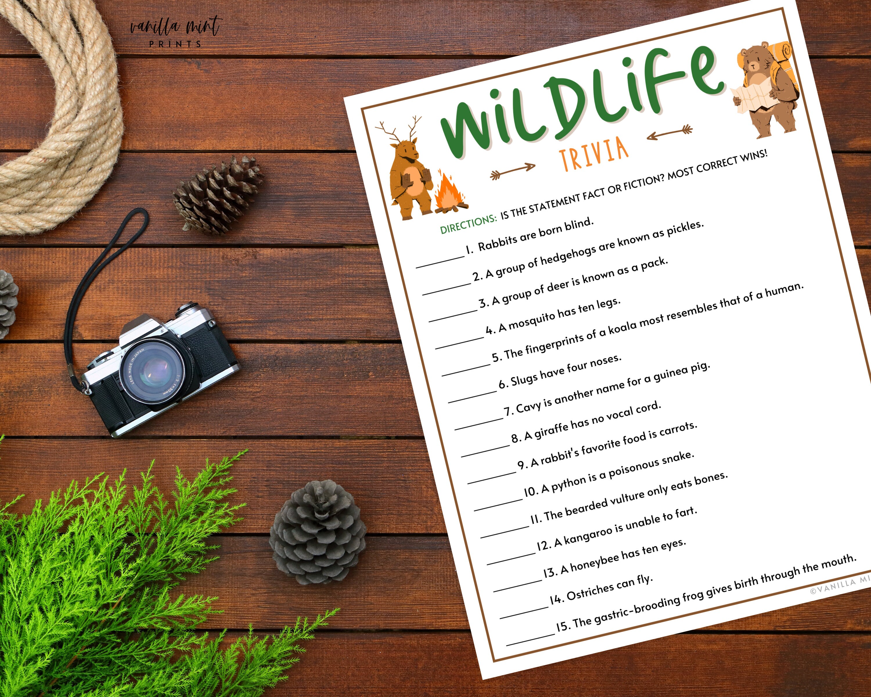 Camping Wildlife Trivia Printable Campground Party Games | Etsy