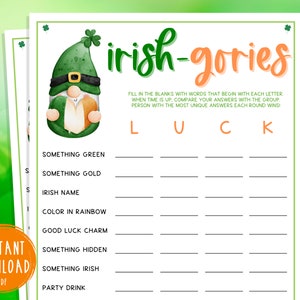 St. Patrick's Day Scattergories Game Irish-Gories Irish Fun St. Pattys Day St. Paddys St. Pats Party Games Kids & Adults Luck image 1