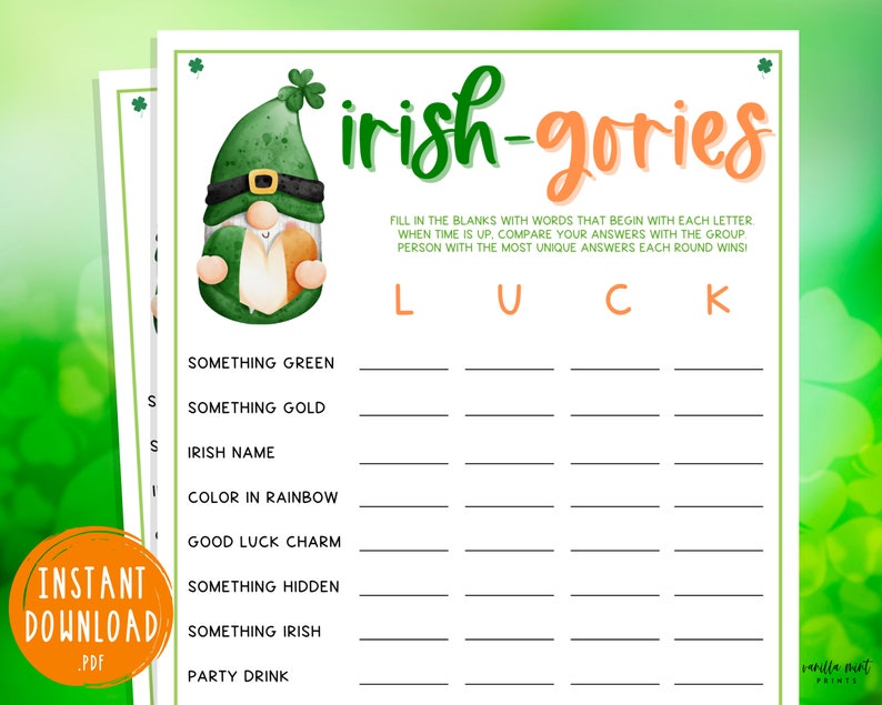 St. Patrick's Day Scattergories Game Irish-Gories Irish Fun St. Pattys Day St. Paddys St. Pats Party Games Kids & Adults Luck image 1