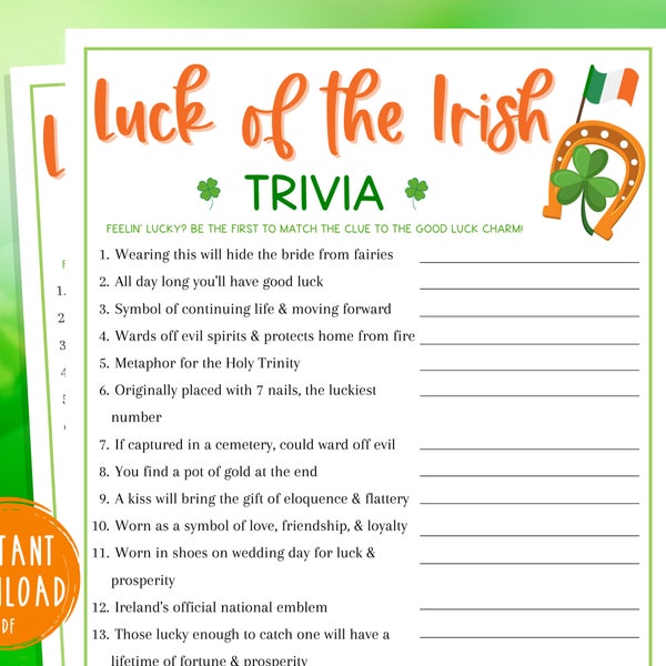 St. Patrick's Day Trivia Game | Luck of the Irish Printable Game | Fun St. Patty's Day | St. Paddys | St. Pats | Party Games | Kids & Adults