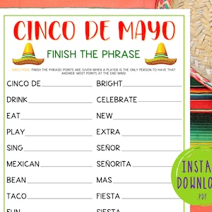 Cinco de Mayo Finish The Phrase Game | Word Game | Mexican Party Games | Fun Cinco de Mayo Games | Party Games for Kids & Adults | Fiesta