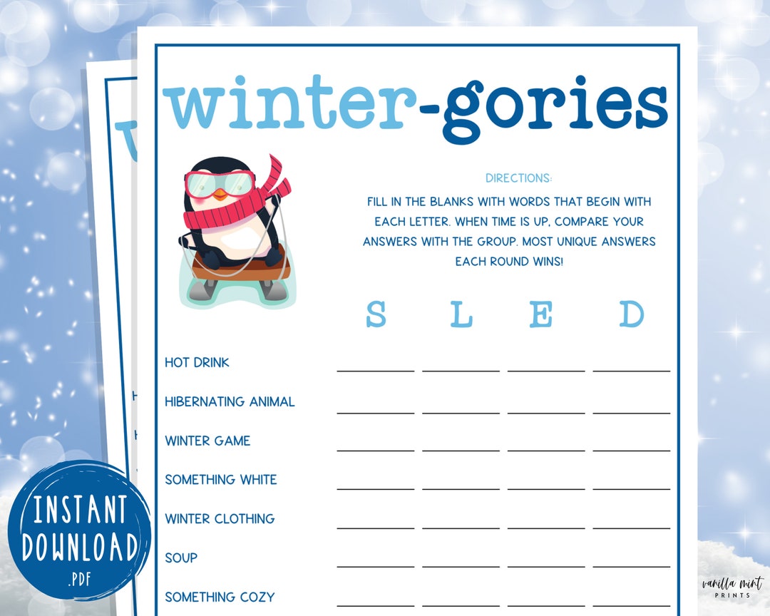 Winter Scattergories Game  Wintergories Printable Games  Fun
