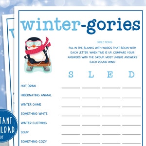Winter Scattergories Game | WinterGories Printable Games | Fun Wintertime Activities for Adults & Kids | Holiday | Christmas | New Years