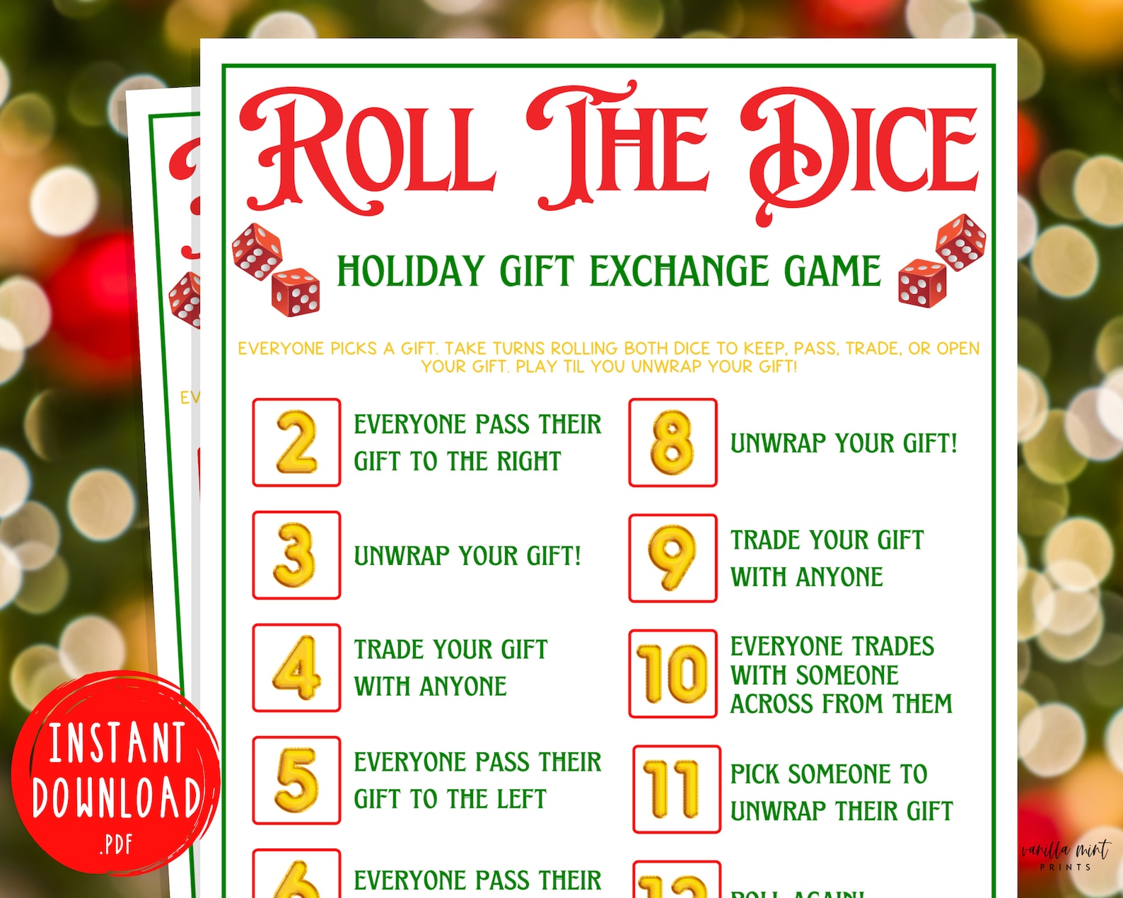 Roll The Dice Holiday Gift Exchange Game Christmas Printable Etsy Canada christmas-gift-exchange-dice-game-white-elephant-present-etsy