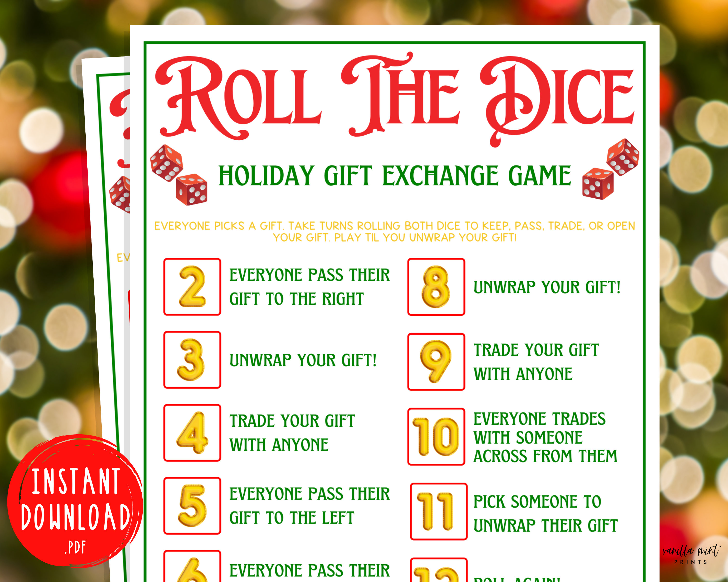 Roll the Dice Gift Exchange Printable White Elephant Gift 