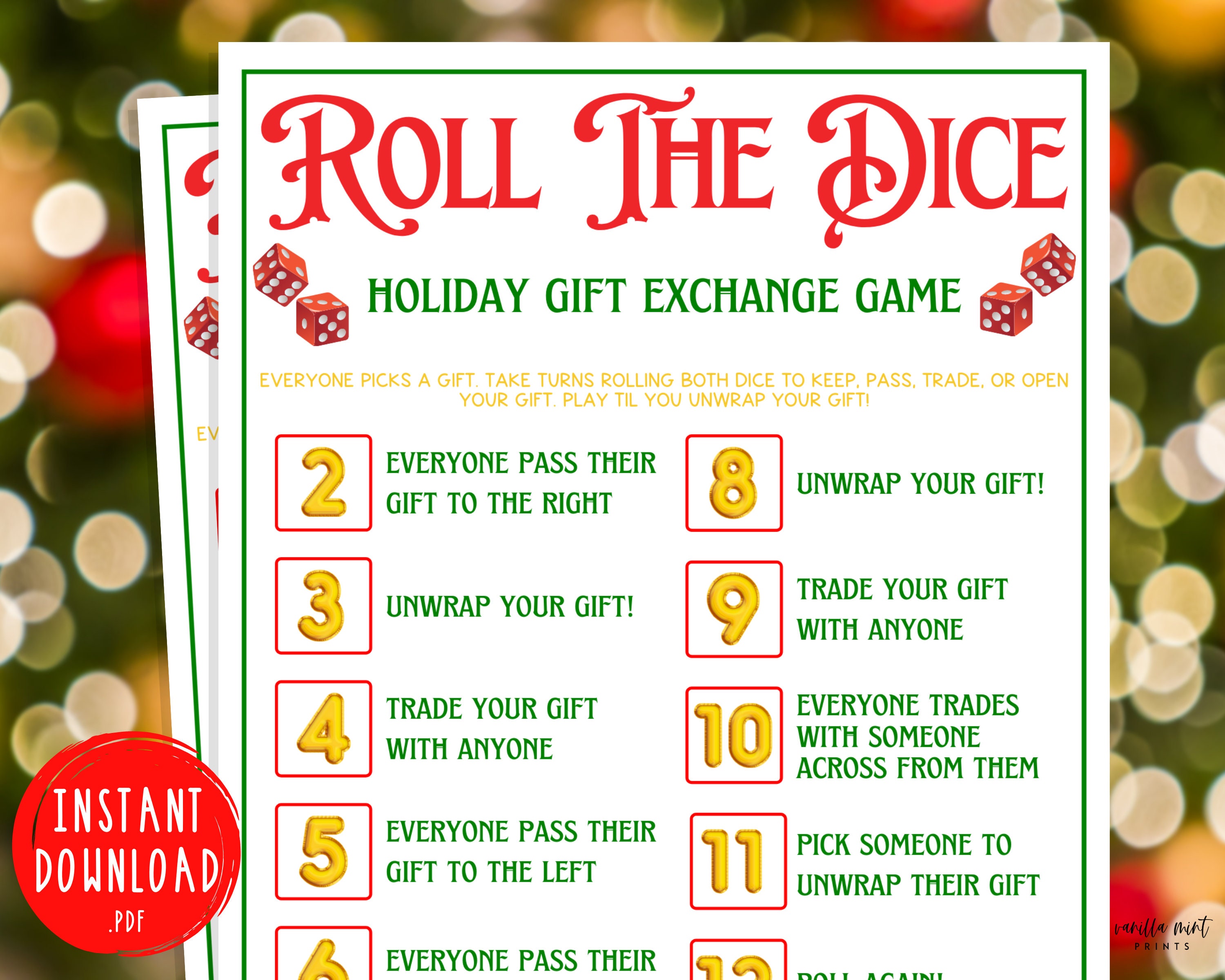 Roll The Dice Holiday Gift Exchange Game Christmas Printable Etsy