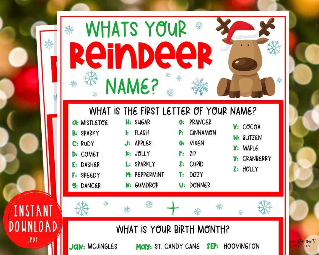 Whats Your Reindeer Name Game  Funny Christmas Printable Name