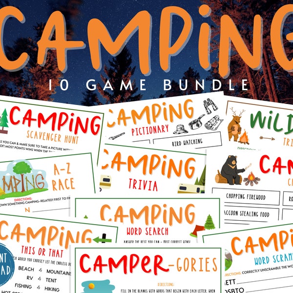 Camping 10 Games BUNDLE | Printable Campground Party Games | Camping Activities for Adults & Kids | Fun RV Road Trip Games | Girl Boy Scout