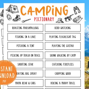 Camping Pictionary | 33 Pictionary Ideas Printable Campground Party Games | Camping Activities for Adults & Kids | RV Road Trip | Boy Scout