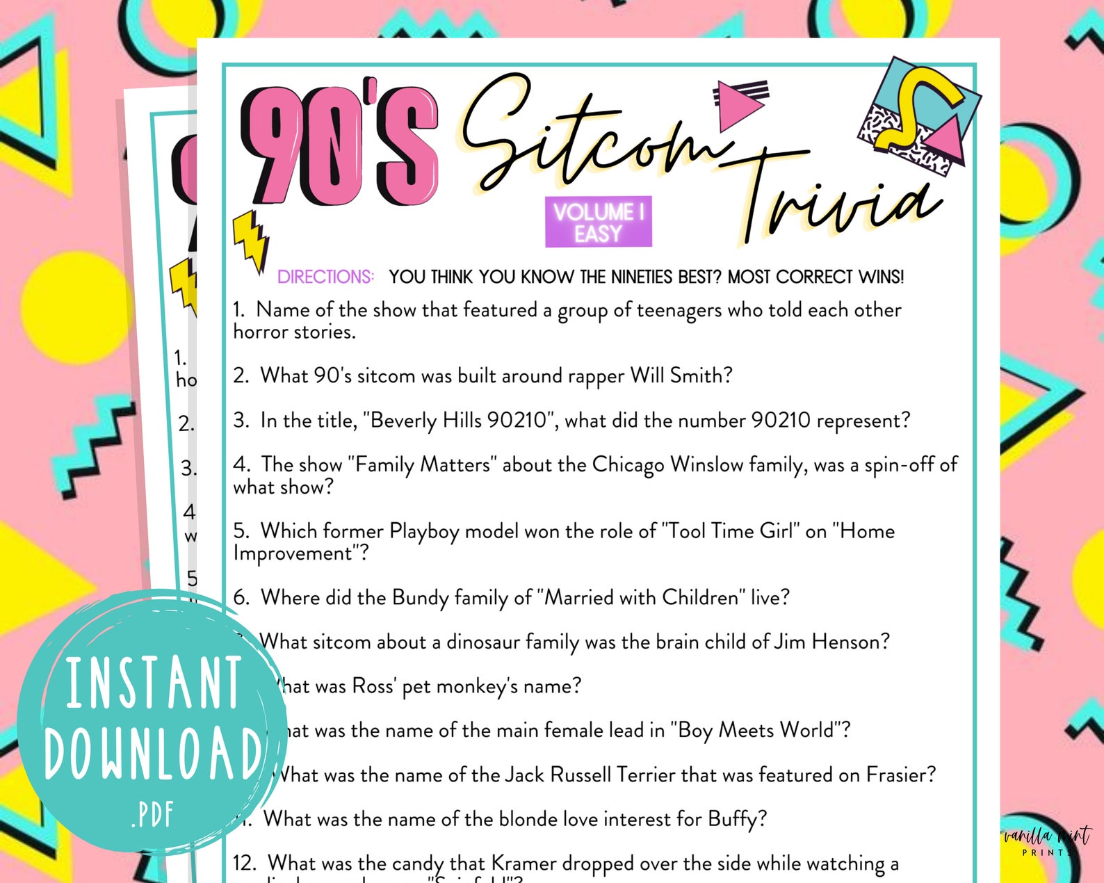1990 s Trivia 90s TV Sitcom Trivia EASY Nineties Etsy