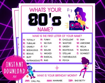 Totally 80's Whats Your 80's Name Party Game | Printable 1980s Game | 40th Birthday | Back to the 80s Party Game | Eighties Party Name Game