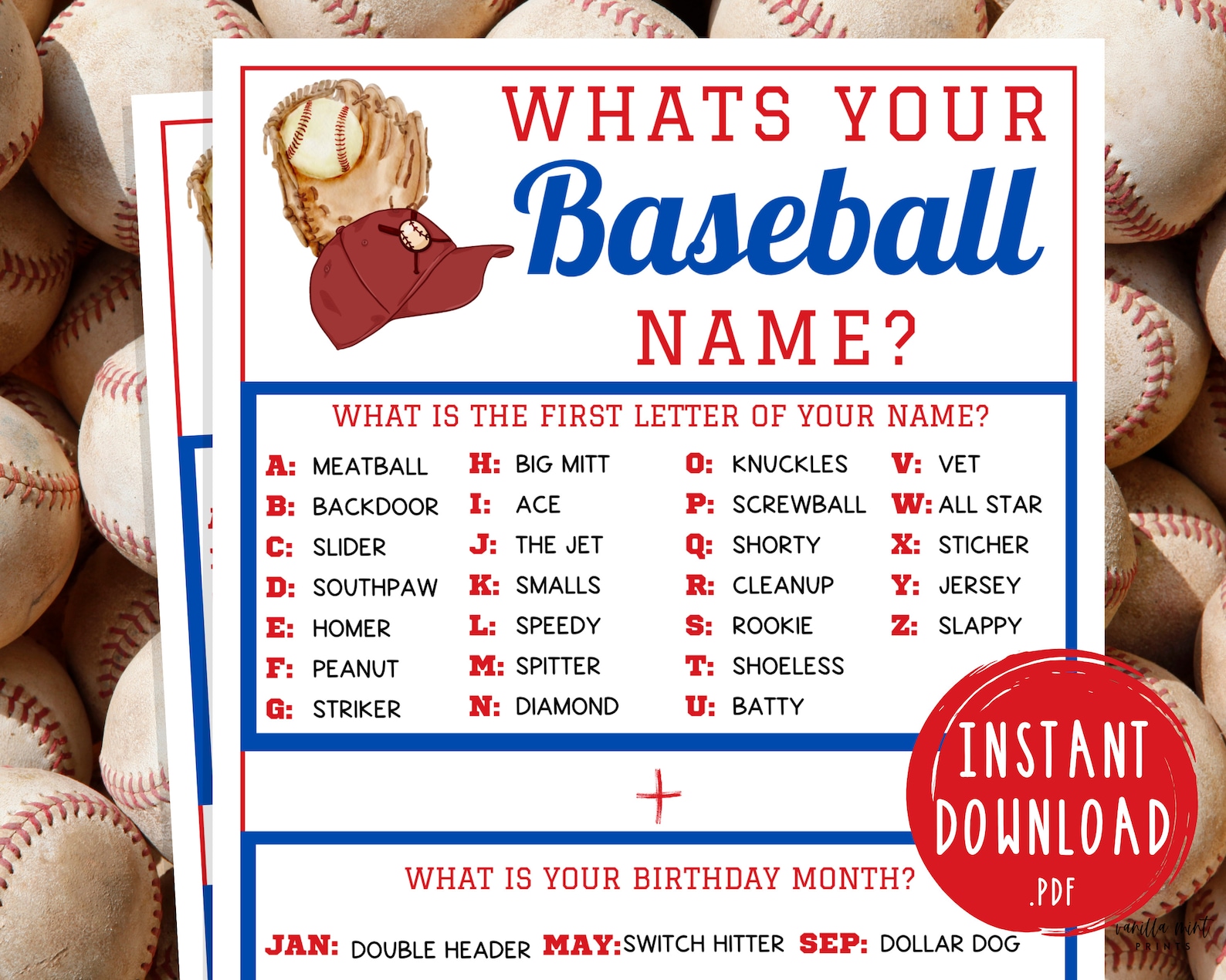 Whats Your Baseball Name Game Printable Baseball Team Party Etsy