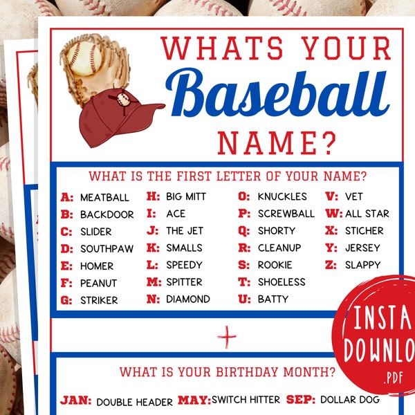 Whats Your Baseball Name Game | Printable Baseball Team Party Games | MLB Games for Kids & Adults | World Series Activities | Birthday
