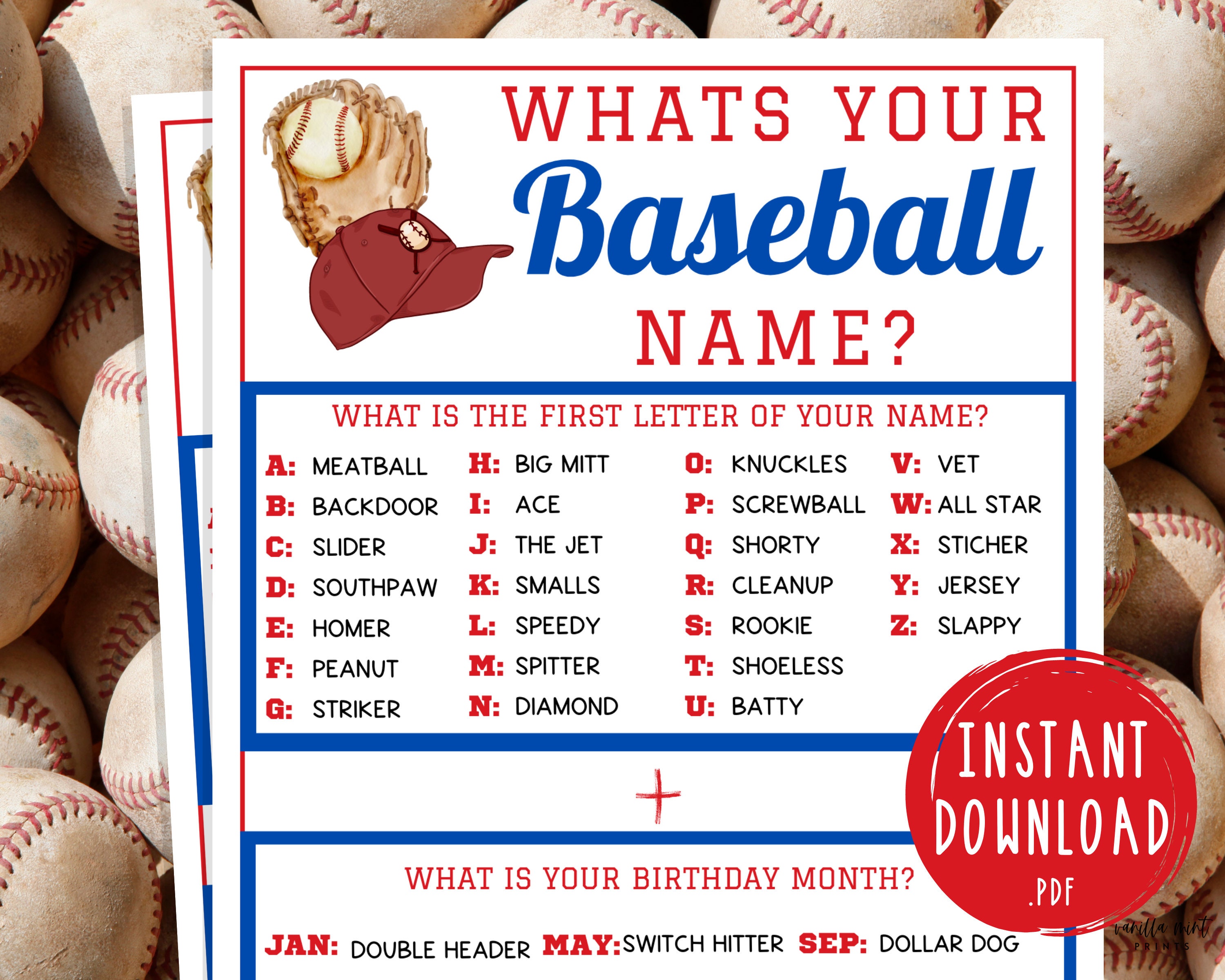Whats Your Baseball Name Game | Printable Baseball Team Party Games | MLB Games for Kids & Adults | World Series Activities | Birthday