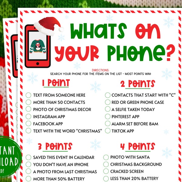 Ugly Sweater Party Whats On Your Phone Game | Christmas Printable Games | Fun Christmas Party Games | Holiday | Ugly Christmas Sweater Party