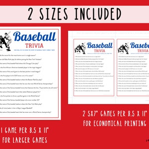 Baseball Trivia Game Printable Baseball Team Party Games MLB Game for