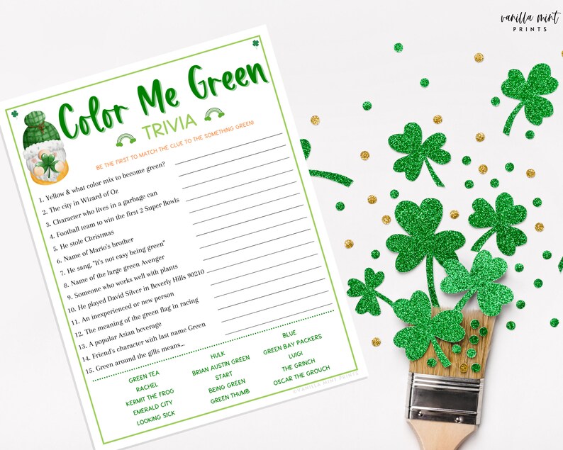 St. Patrick's Day Green Trivia Game Color Me Green Fun St. Pattys Day St. Paddys St. Pats Printable Party Games Kids & Adults image 3