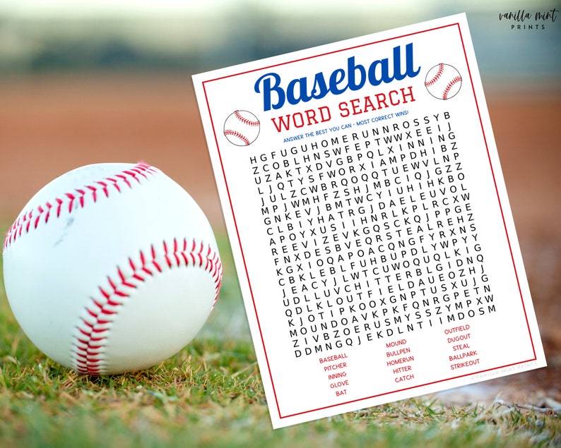 Baseball Word Search Game Printable Baseball Team Party Etsy