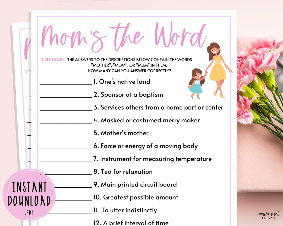 Mother's Day Mom's the Word Game Mothers Day Trivia Games Mother's Day