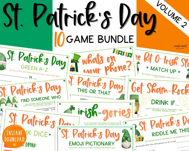 St. Patrick's Day 10 Game BUNDLE Volume 2 Irish Fun St. Patty's Day St. Paddy's St. Pats Printable Party Games for Kids & Adults image 1