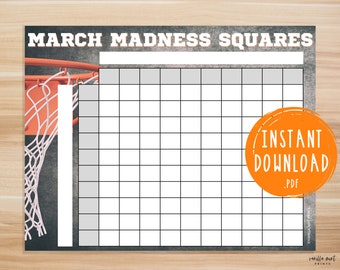 March Madness Game Squares | Printable March Madness Party Games | NCAA Basketball Tournament Pool | Mens College Basketball Bracket Board