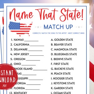 Patriotic Name That State Nickname Match Up Game | Printable Memorial Day Party Games | America | USA | Labor Day | 4th of July | Summer