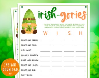 St. Patrick's Day Scattergories Game | Irish-Gories | Irish | Fun St. Pattys Day | St. Paddys | St. Pats | Party Games Kids & Adults | Wish