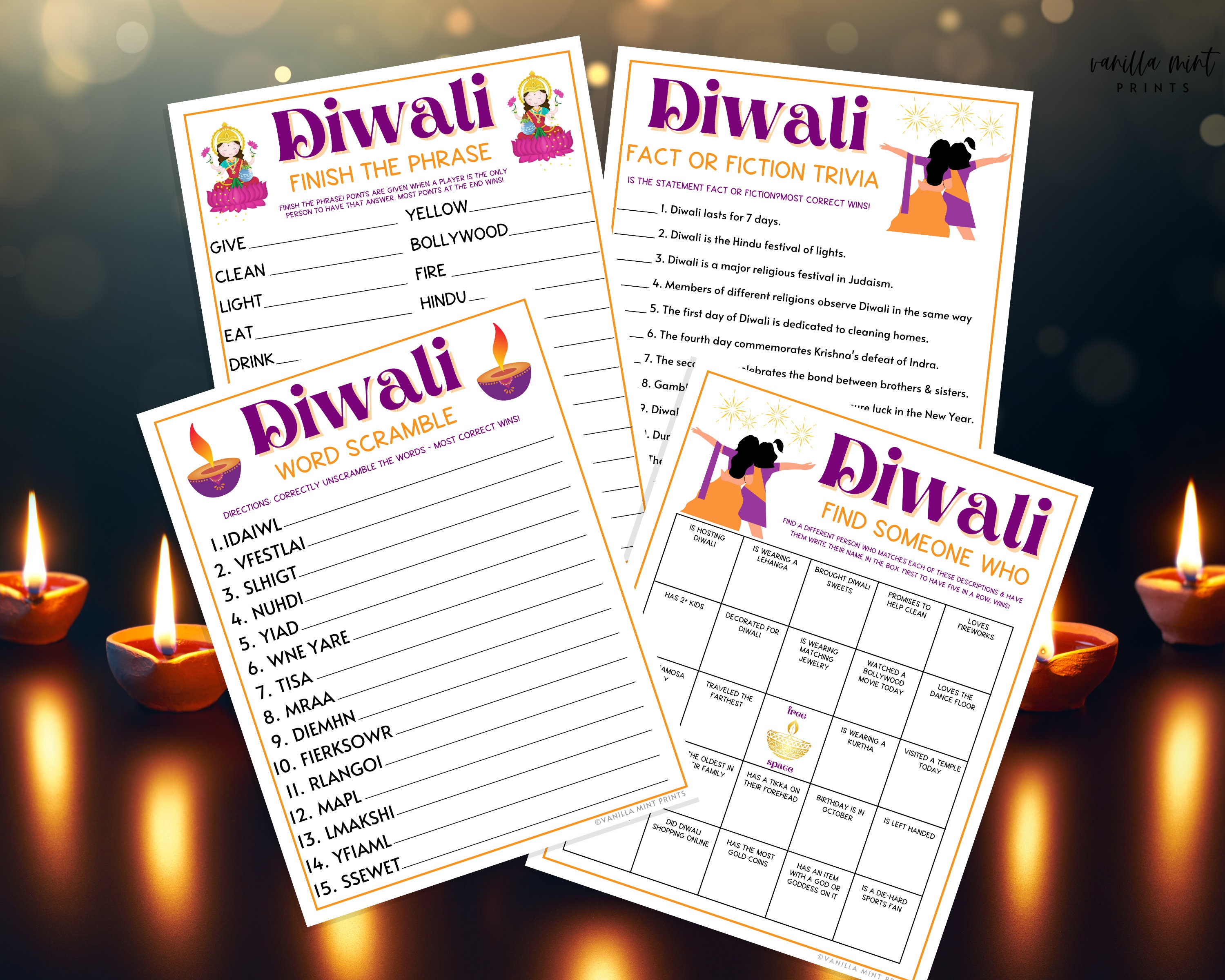 Diwali 10 Game BUNDLE Printable Festival of Lights Party Etsy