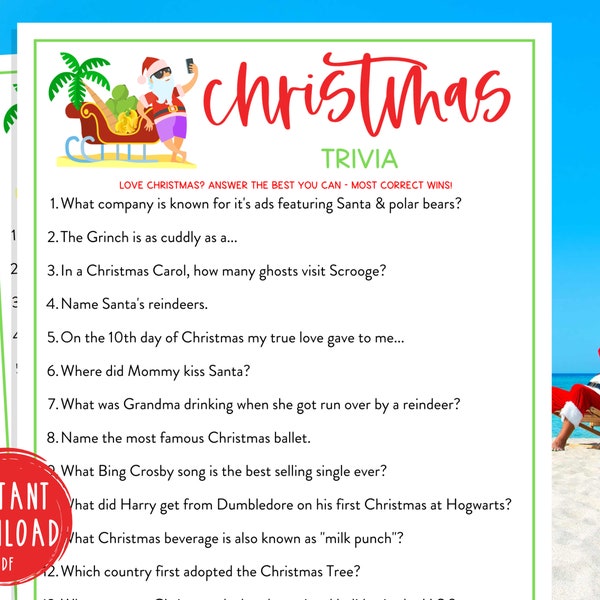 Christmas in July Trivia Party Game | Beach Christmas | Printable Tropical Game | Fun Xmas in July Game | Holiday | Kids & Adults