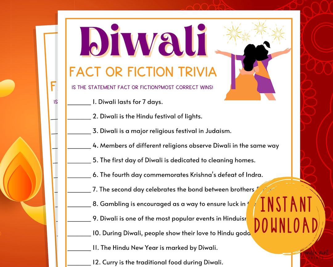 Diwali Fact or Fiction Trivia Game Printable Festival of Lights Party
