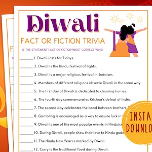 Juego de trivia de realidad o ficción de Diwali / Juegos de fiesta del Festival de Luces imprimibles / Actividades para adultos y niños / Diwali divertido / Hinduismo / Hindú